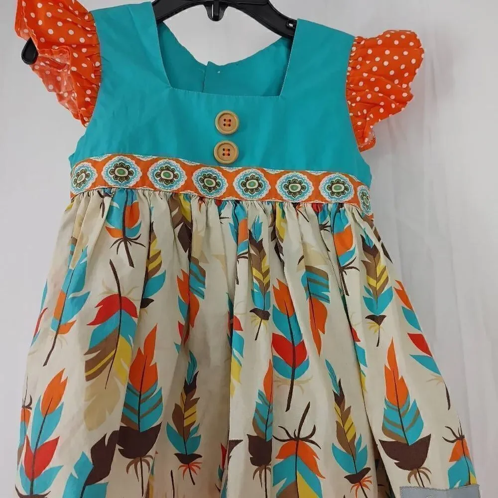 Eleanor Rose Feather Dress Turquoise Orange Polka Dot Toddler Girls Size 2T.
